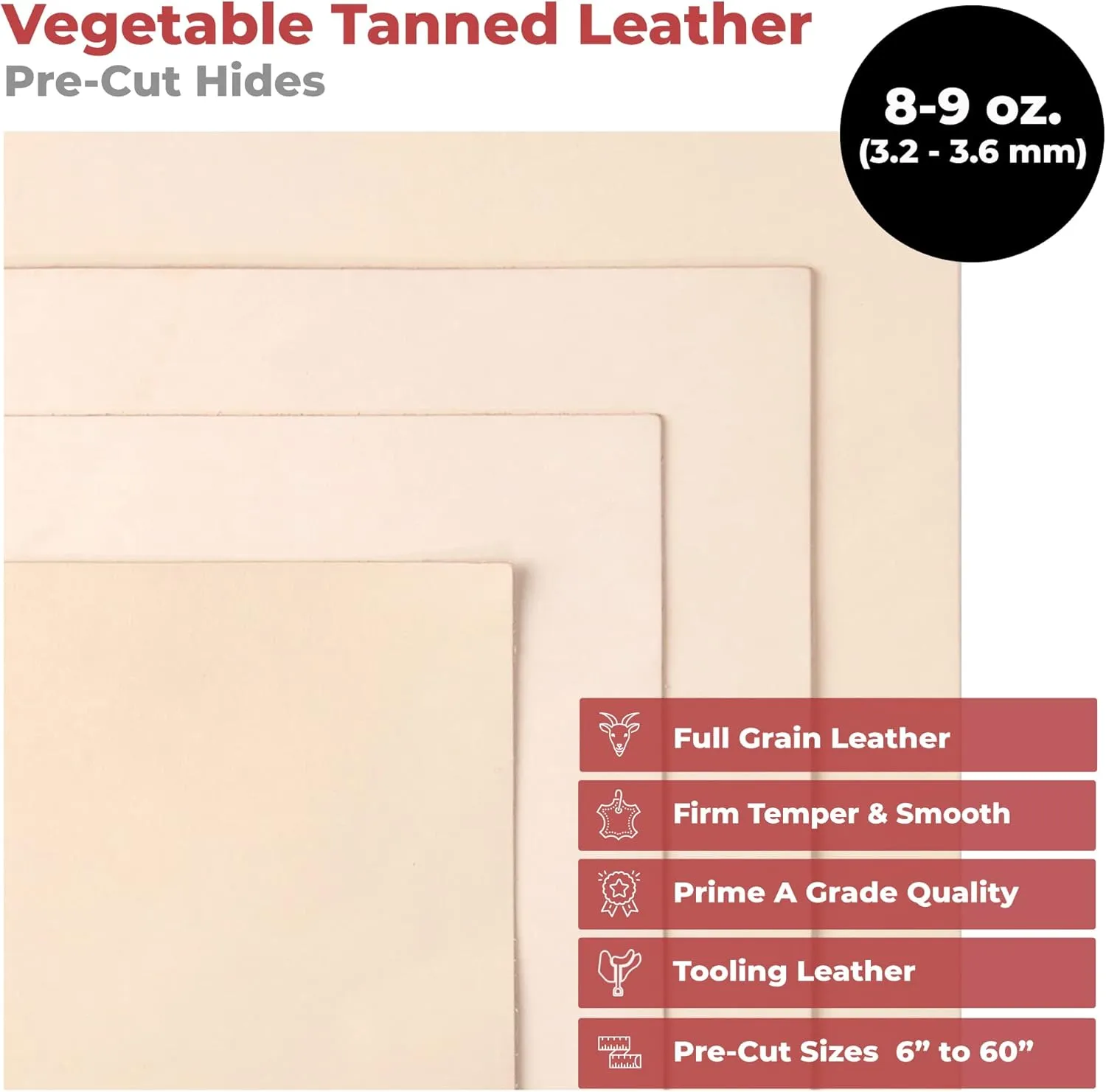 ELW Vegetable Tanned Leather 8-9 Oz. (3.2-3.6mm) Thickness | Pre-Cut 12"x24" | Tooling Leather Cowhide - Full Grain Leather Good for Crafting, Saddlery, Home Decor, Holsters, Knife Sheaths, Stamping