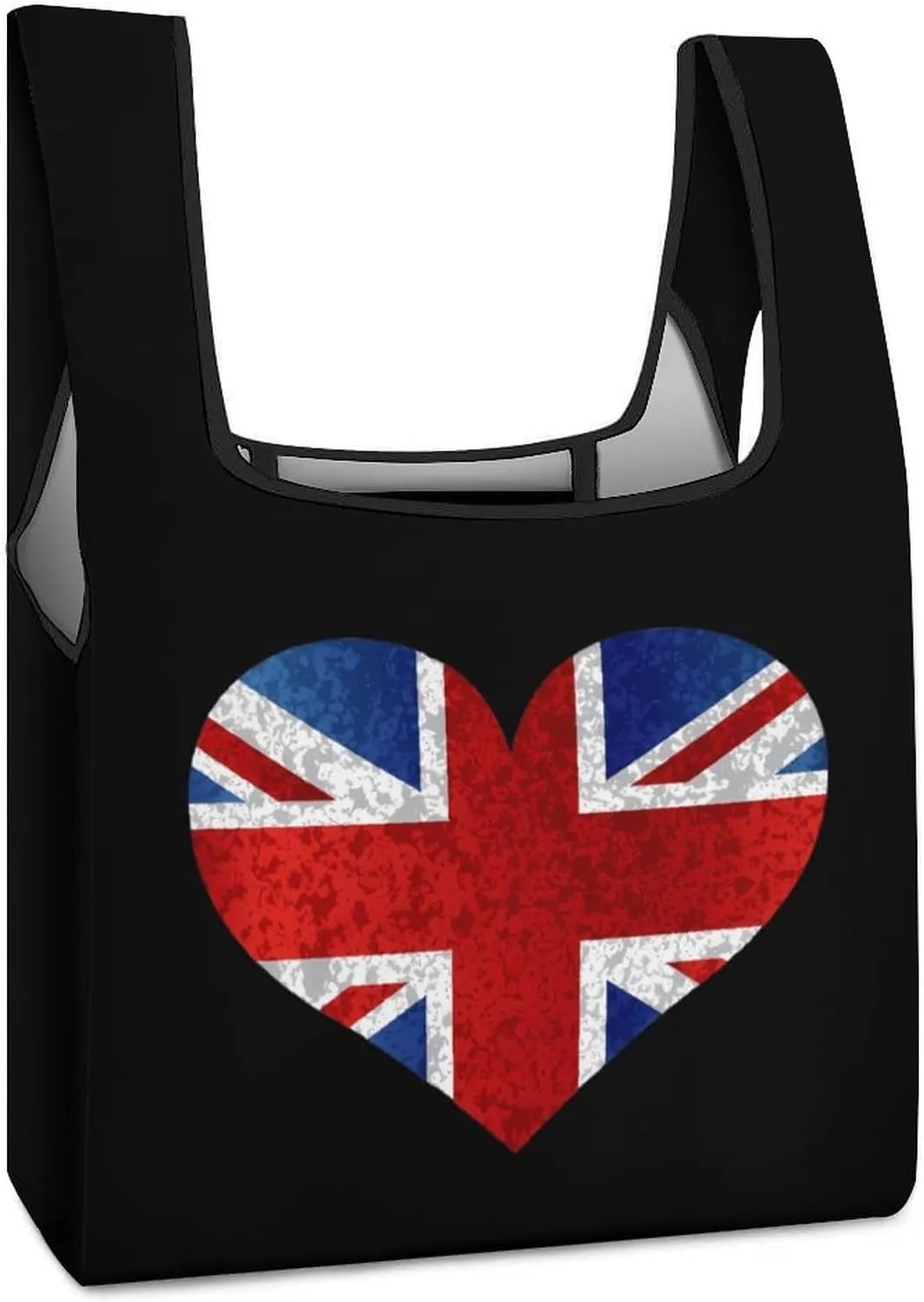 England Union Jack Flag Heart Novelty Reusable Grocery Bag Fold-able Shopping Bags Washable Tote Lightweight Storage Pouch with Handle