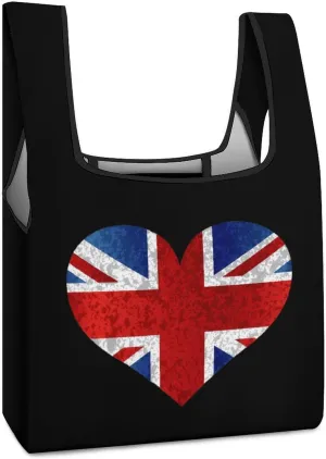 England Union Jack Flag Heart Novelty Reusable Grocery Bag Fold-able Shopping Bags Washable Tote Lightweight Storage Pouch with Handle