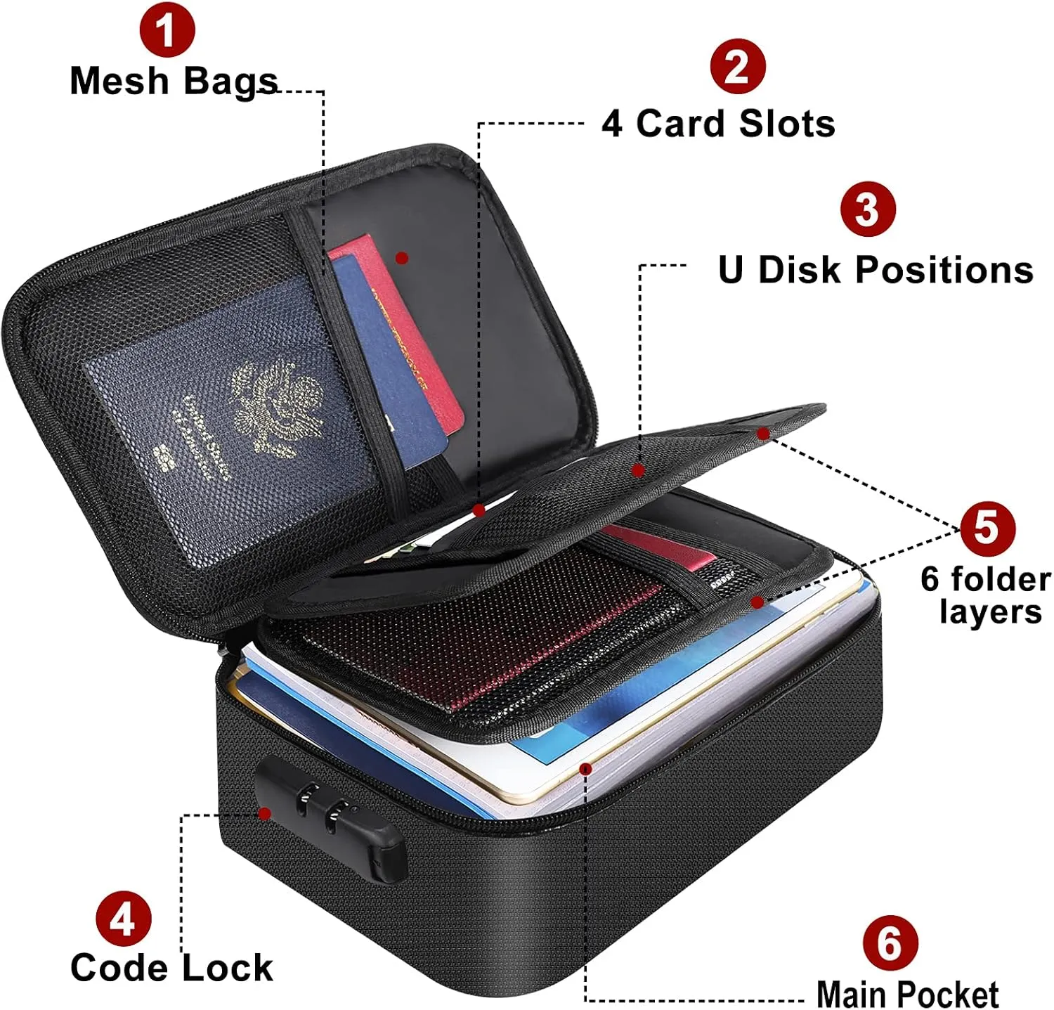 ENGPOW Small Fireproof Storage Organizer Case with Lock(9”x 5.3”x 3.7”), 3-Layer Soft Money Safe Coin Organizer Wallet Bag for Cash,Card,Passport,Check,Bill,Travel Home Organizer Carrying Case,Black