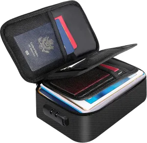 ENGPOW Small Fireproof Storage Organizer Case with Lock(9”x 5.3”x 3.7”), 3-Layer Soft Money Safe Coin Organizer Wallet Bag for Cash,Card,Passport,Check,Bill,Travel Home Organizer Carrying Case,Black