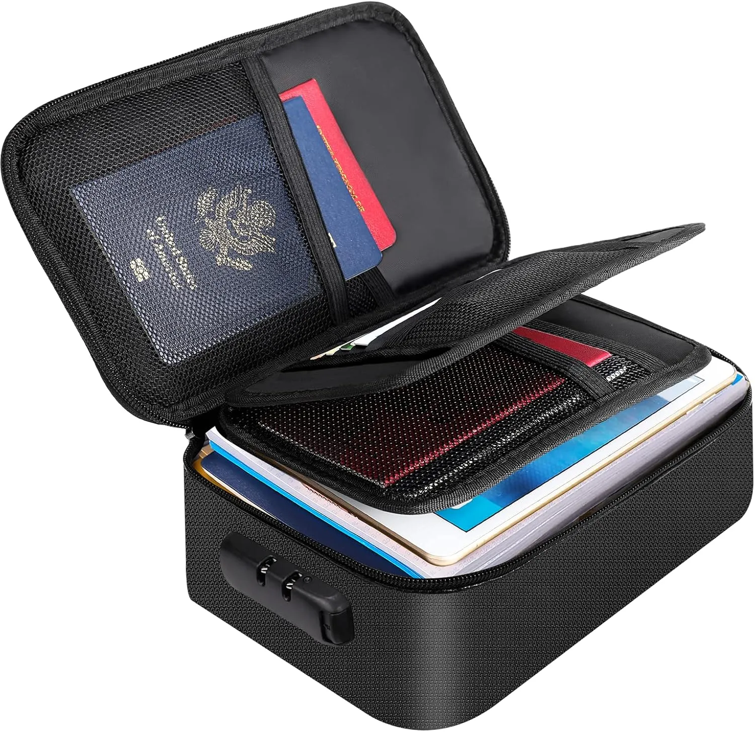 ENGPOW Small Fireproof Storage Organizer Case with Lock(9”x 5.3”x 3.7”), 3-Layer Soft Money Safe Coin Organizer Wallet Bag for Cash,Card,Passport,Check,Bill,Travel Home Organizer Carrying Case,Black