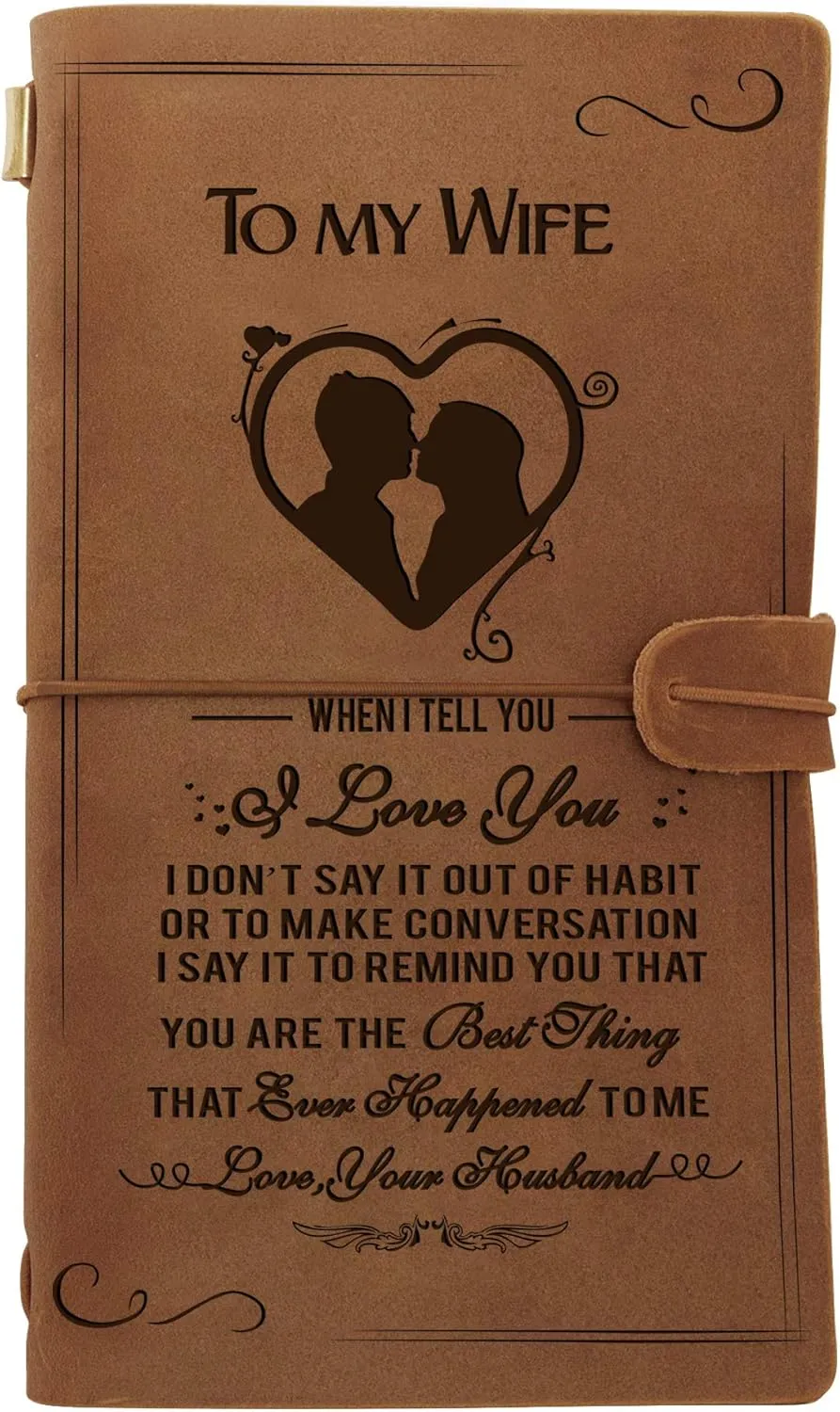 Engraved Leather Notebook To My Wife Gifts- Hand-Crafted Genuine Leather Journal for Travel Diary Journal Sketch Book - Perfect Anniversary Christmas For Wife Gifts (To My Wife)