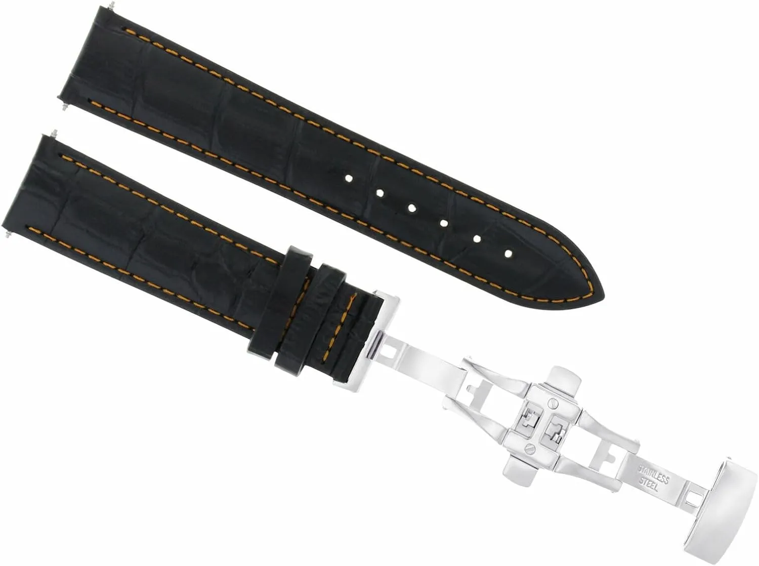Eparts 18mm Leather Watch Band Strap Compatible With 35mm Longines Conquest Deployment Black With Orange Stitching
