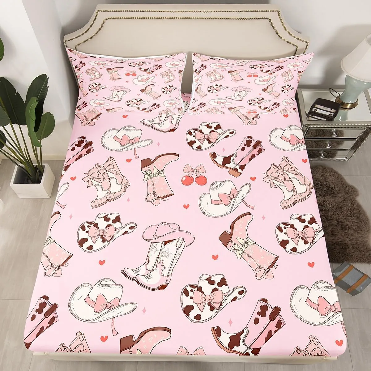 Erosebridal Cowgirl Boots Full Size Sheets Kawaii Pink Bow Tie Bed Sheets Set Kids Rustic Brown Cowhide Sheet Set for Girls Teens Cute Groovy Flowers Flat Fitted Sheet Bedroom Decor