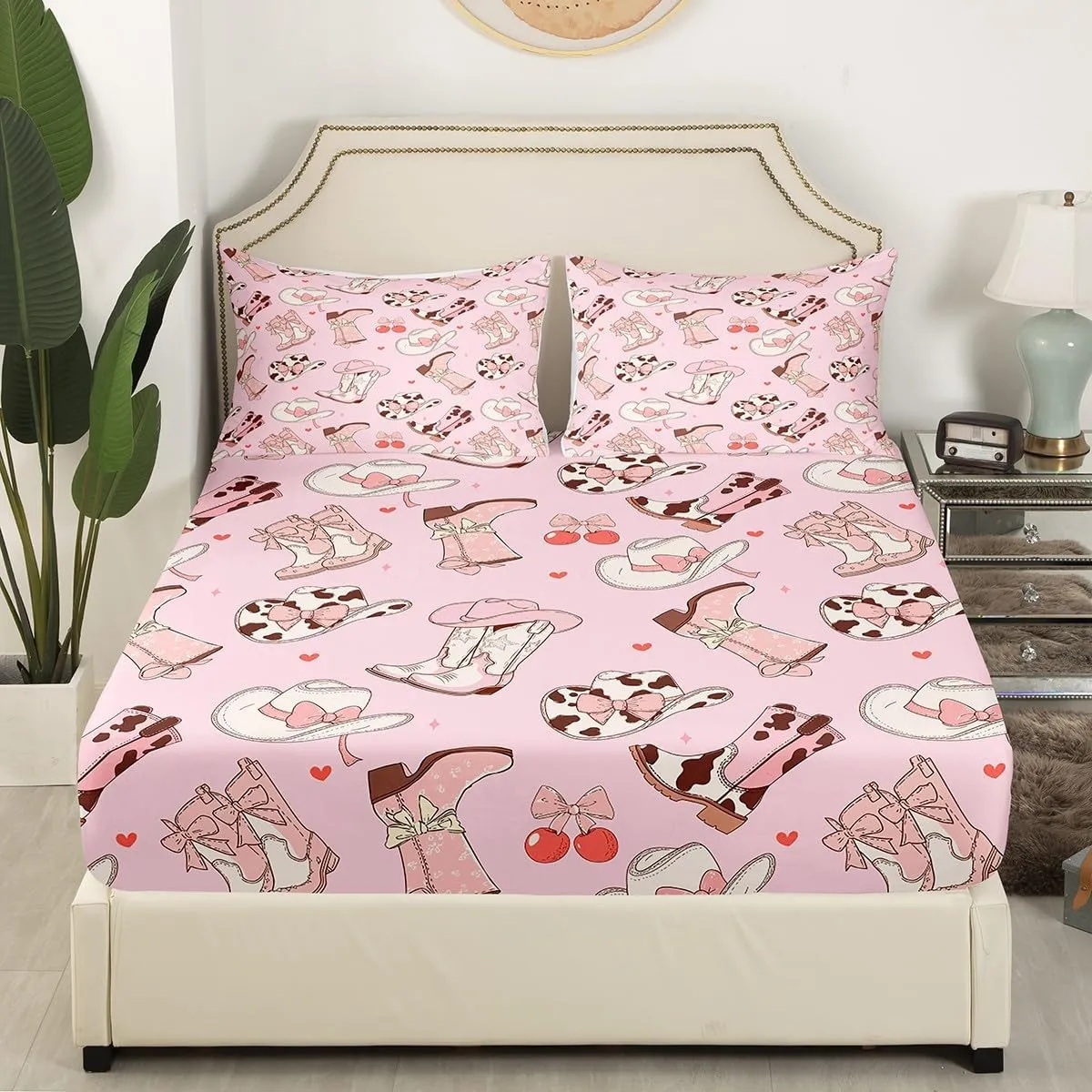 Erosebridal Cowgirl Boots Full Size Sheets Kawaii Pink Bow Tie Bed Sheets Set Kids Rustic Brown Cowhide Sheet Set for Girls Teens Cute Groovy Flowers Flat Fitted Sheet Bedroom Decor