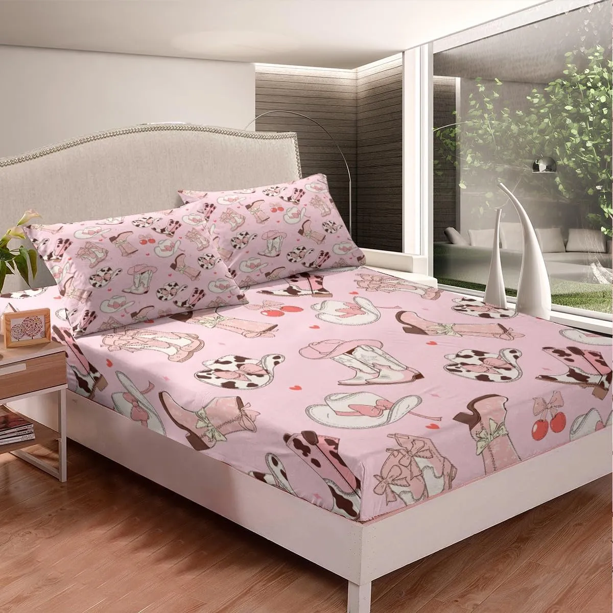 Erosebridal Cowgirl Boots Full Size Sheets Kawaii Pink Bow Tie Bed Sheets Set Kids Rustic Brown Cowhide Sheet Set for Girls Teens Cute Groovy Flowers Flat Fitted Sheet Bedroom Decor