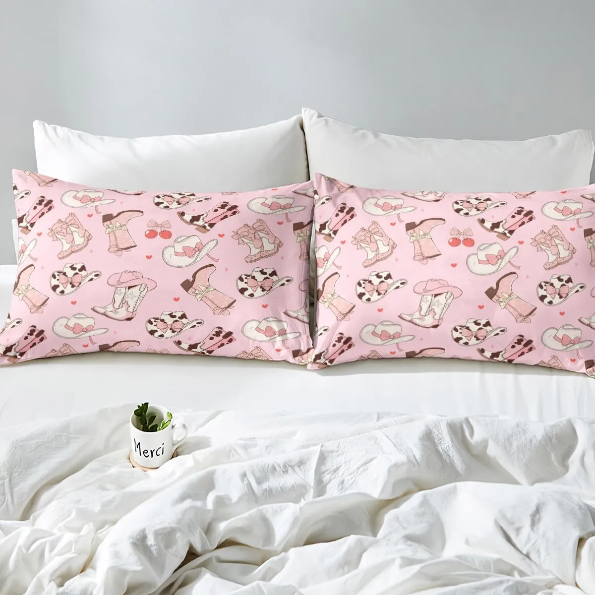 Erosebridal Cowgirl Boots Full Size Sheets Kawaii Pink Bow Tie Bed Sheets Set Kids Rustic Brown Cowhide Sheet Set for Girls Teens Cute Groovy Flowers Flat Fitted Sheet Bedroom Decor