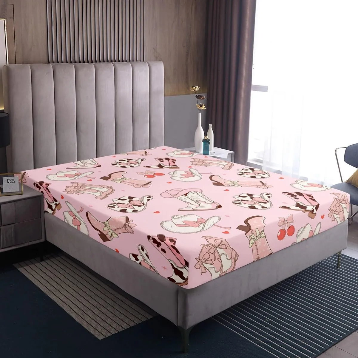 Erosebridal Cowgirl Boots Full Size Sheets Kawaii Pink Bow Tie Bed Sheets Set Kids Rustic Brown Cowhide Sheet Set for Girls Teens Cute Groovy Flowers Flat Fitted Sheet Bedroom Decor