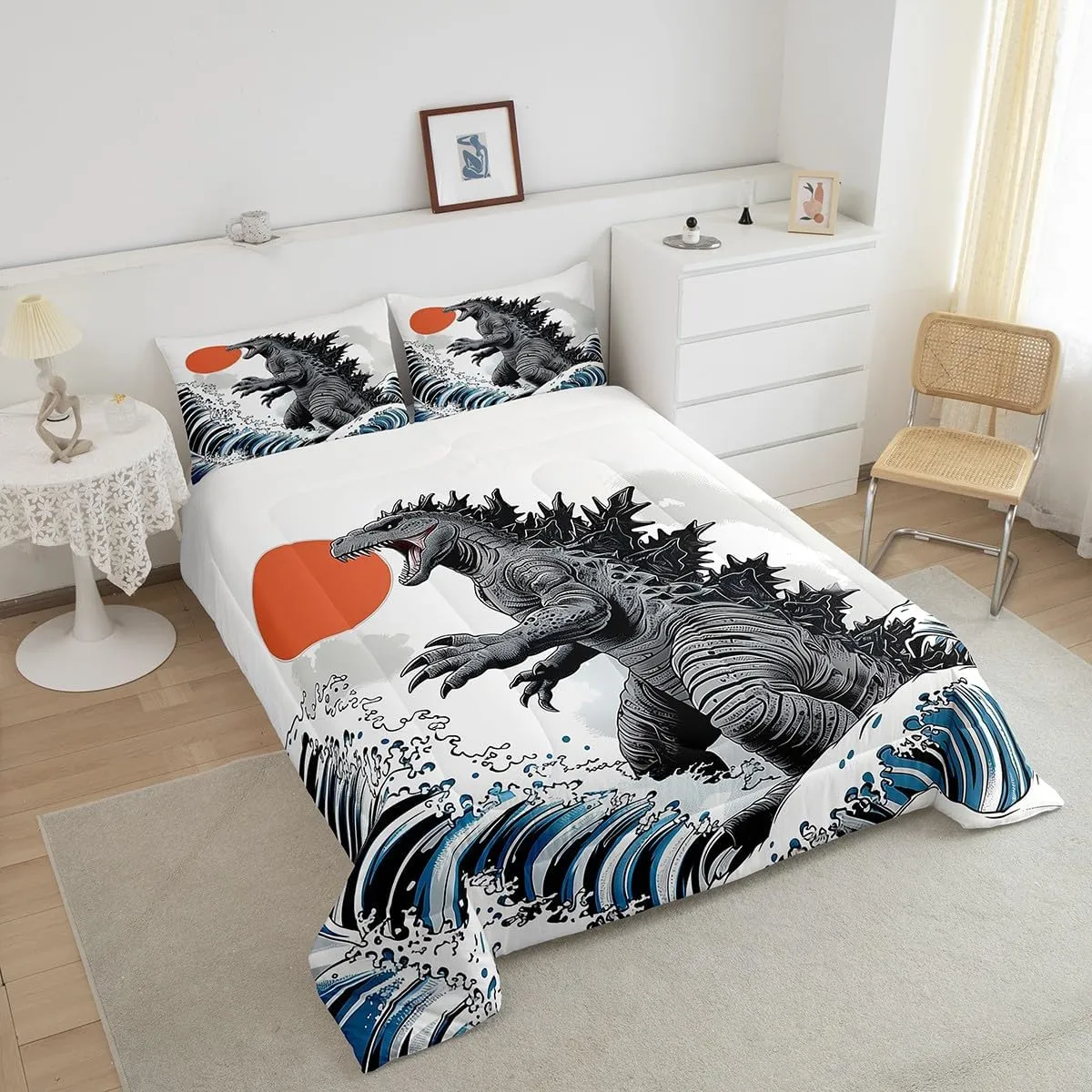 Erosebridal Dinosaur Full Size Bedding Monster Funny Comforter for Kids Boys Girls Japanese Ocean Wave Duvet Insert Japanese Monster Quilt Bed Set for Teens Adults