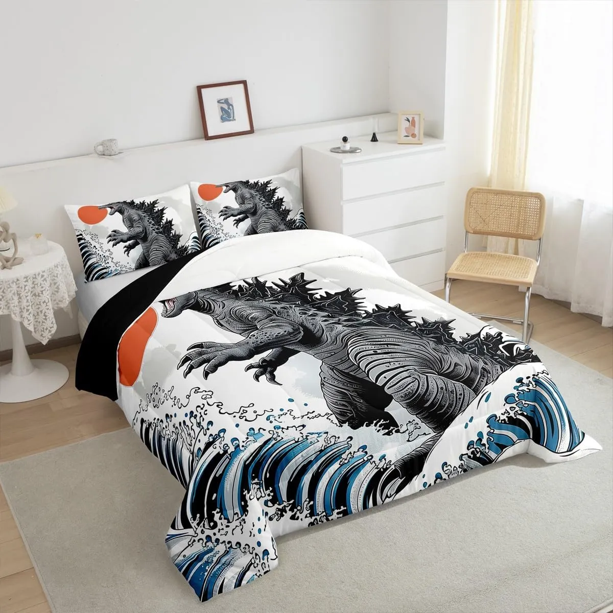 Erosebridal Dinosaur Full Size Bedding Monster Funny Comforter for Kids Boys Girls Japanese Ocean Wave Duvet Insert Japanese Monster Quilt Bed Set for Teens Adults