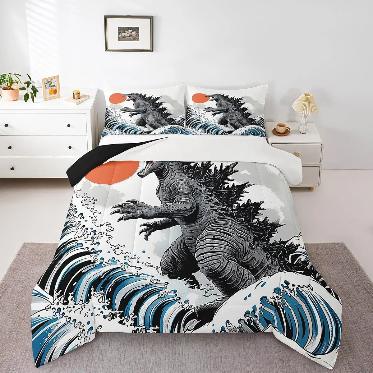 Erosebridal Dinosaur Full Size Bedding Monster Funny Comforter for Kids Boys Girls Japanese Ocean Wave Duvet Insert Japanese Monster Quilt Bed Set for Teens Adults