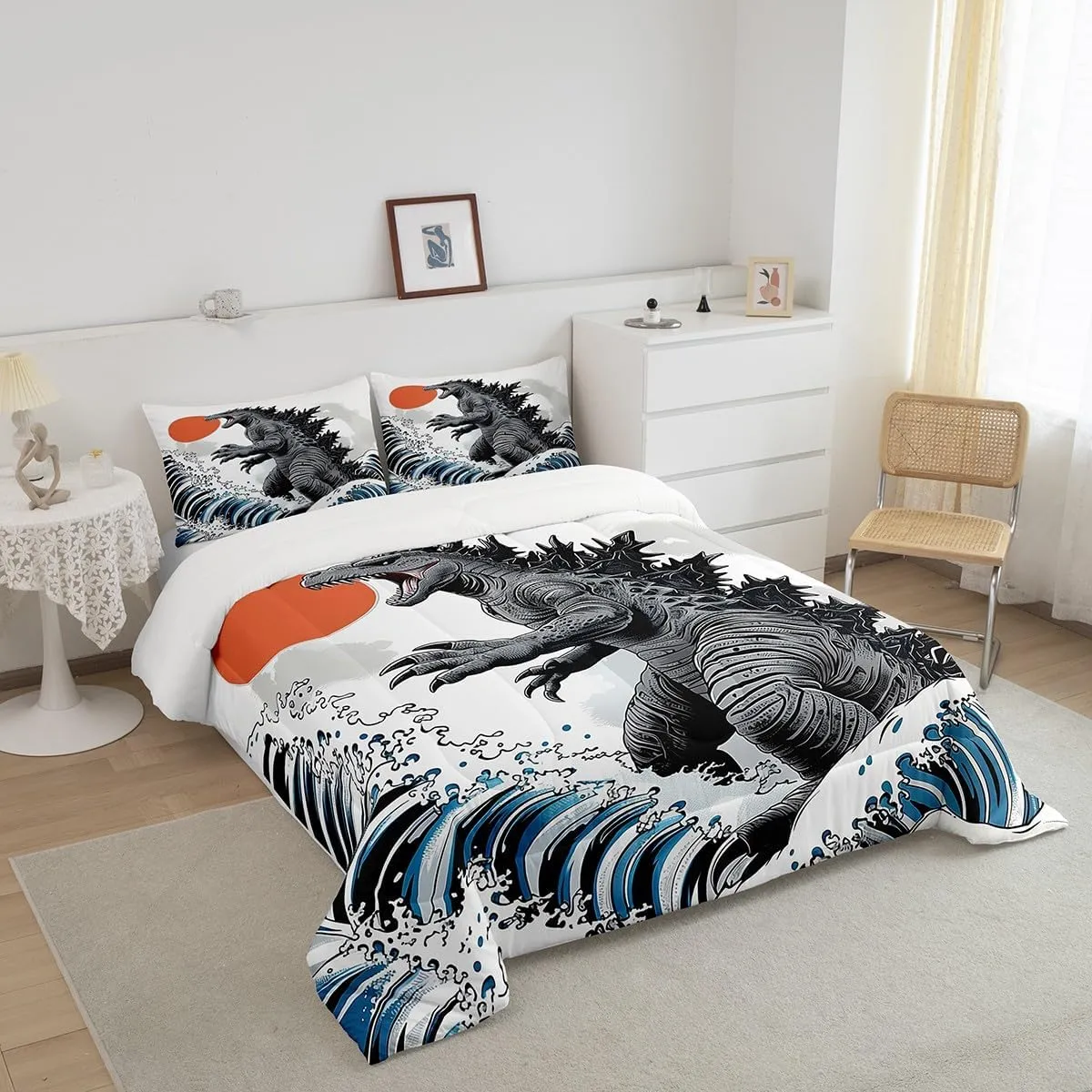 Erosebridal Dinosaur Full Size Bedding Monster Funny Comforter for Kids Boys Girls Japanese Ocean Wave Duvet Insert Japanese Monster Quilt Bed Set for Teens Adults