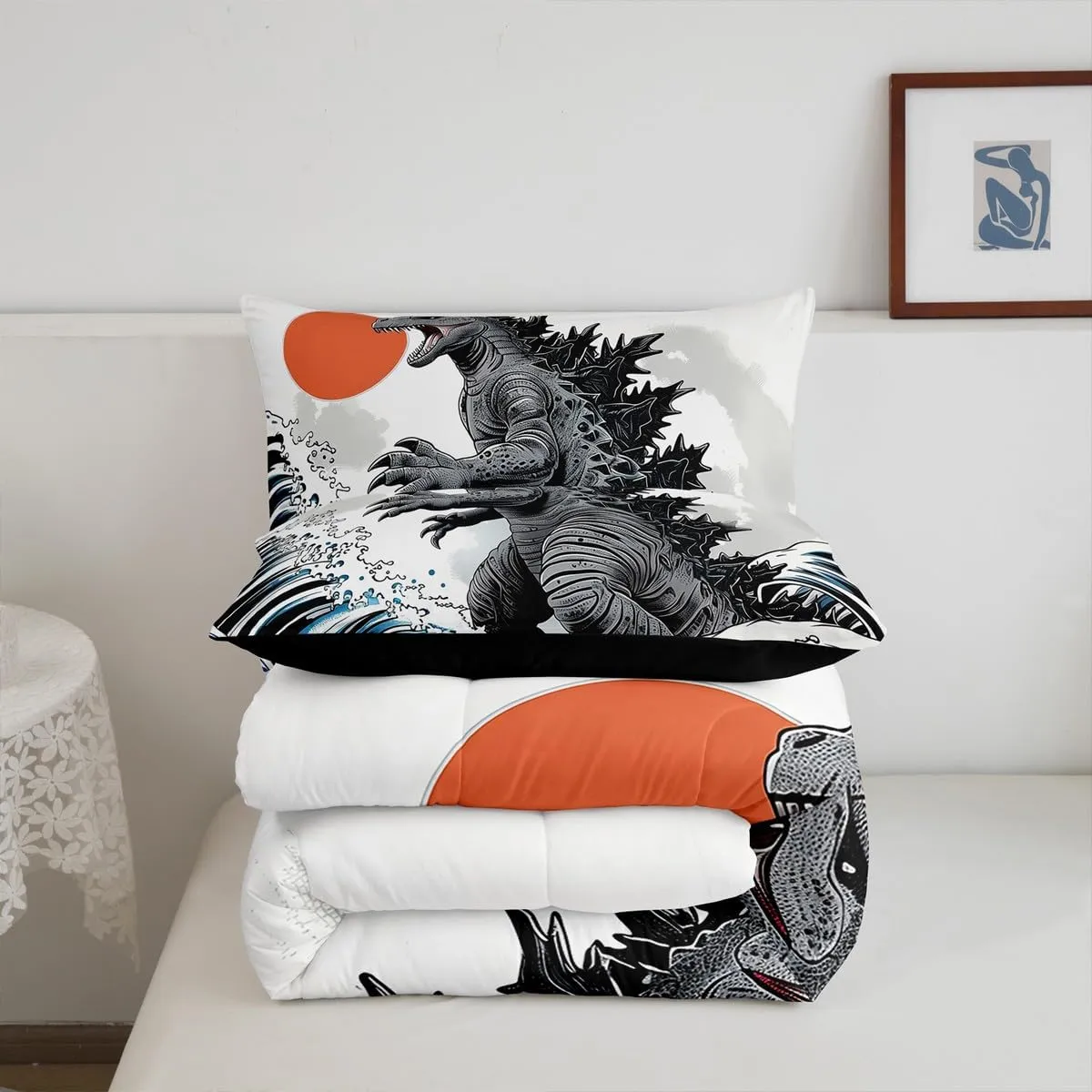 Erosebridal Dinosaur Full Size Bedding Monster Funny Comforter for Kids Boys Girls Japanese Ocean Wave Duvet Insert Japanese Monster Quilt Bed Set for Teens Adults
