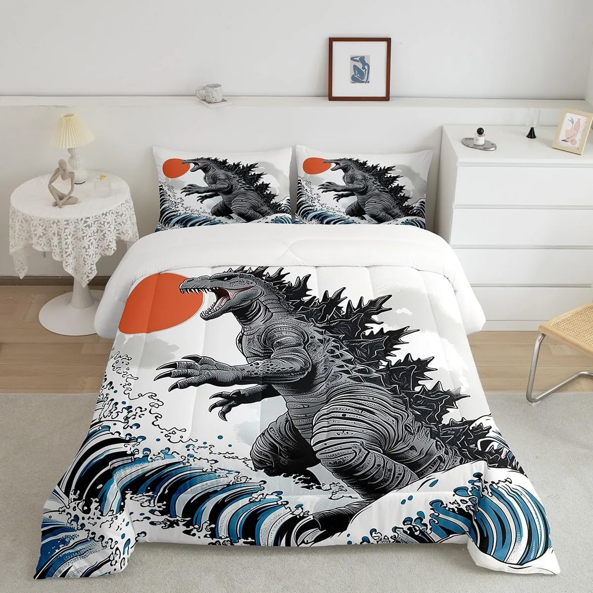 Erosebridal Dinosaur Full Size Bedding Monster Funny Comforter for Kids Boys Girls Japanese Ocean Wave Duvet Insert Japanese Monster Quilt Bed Set for Teens Adults