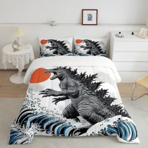 Erosebridal Dinosaur Full Size Bedding Monster Funny Comforter for Kids Boys Girls Japanese Ocean Wave Duvet Insert Japanese Monster Quilt Bed Set for Teens Adults