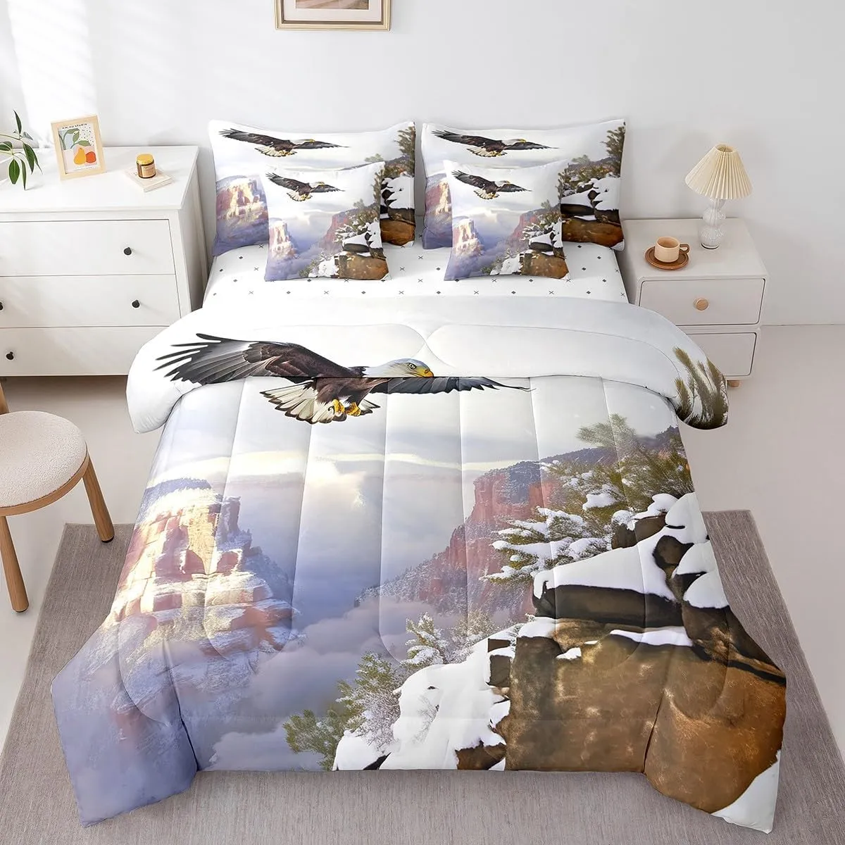 Erosebridal Eagle Bedding Set Twin 7 Piece,Flying Eagle Comforter Set with Bird Sheets for Kids Boys Nature Mountain Bed in A Bag with Pillow Cases and Covers,Reversible Bed Set
