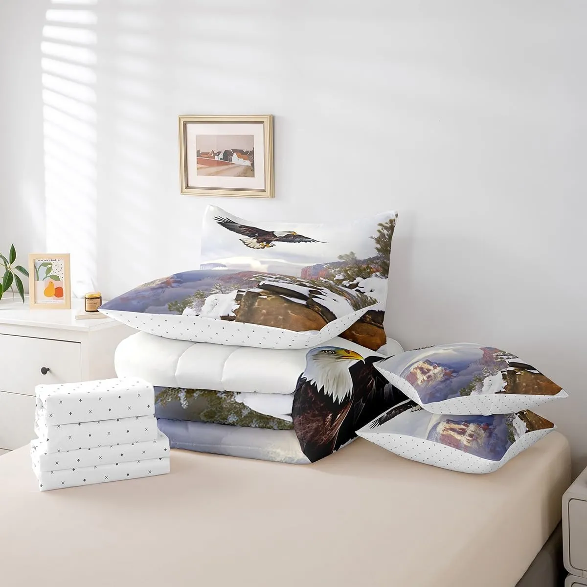 Erosebridal Eagle Bedding Set Twin 7 Piece,Flying Eagle Comforter Set with Bird Sheets for Kids Boys Nature Mountain Bed in A Bag with Pillow Cases and Covers,Reversible Bed Set
