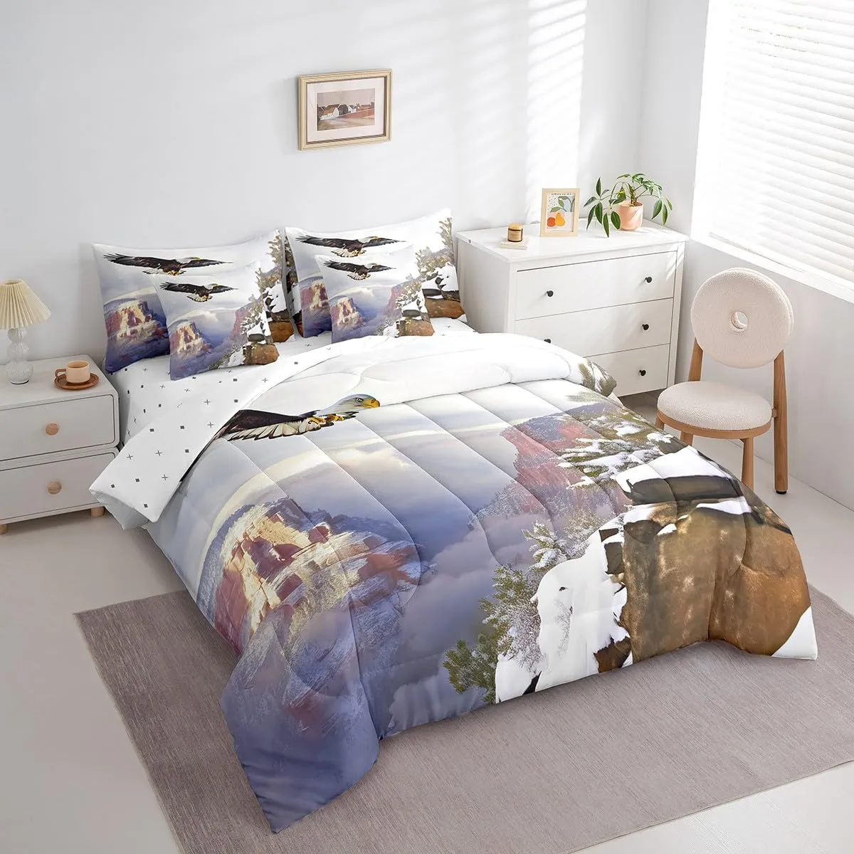 Erosebridal Eagle Bedding Set Twin 7 Piece,Flying Eagle Comforter Set with Bird Sheets for Kids Boys Nature Mountain Bed in A Bag with Pillow Cases and Covers,Reversible Bed Set