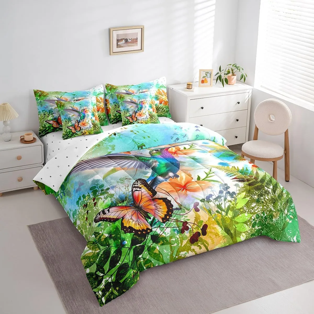 Erosebridal Hummingbird Bedding Set Queen 7 Piece,Tropical Bird Botanical Comforter Set with Sheets Watercolor Butterfly Flower Bed in A Bag with Pillow Cases and Covers,Reversible