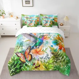 Erosebridal Hummingbird Bedding Set Queen 7 Piece,Tropical Bird Botanical Comforter Set with Sheets Watercolor Butterfly Flower Bed in A Bag with Pillow Cases and Covers,Reversible