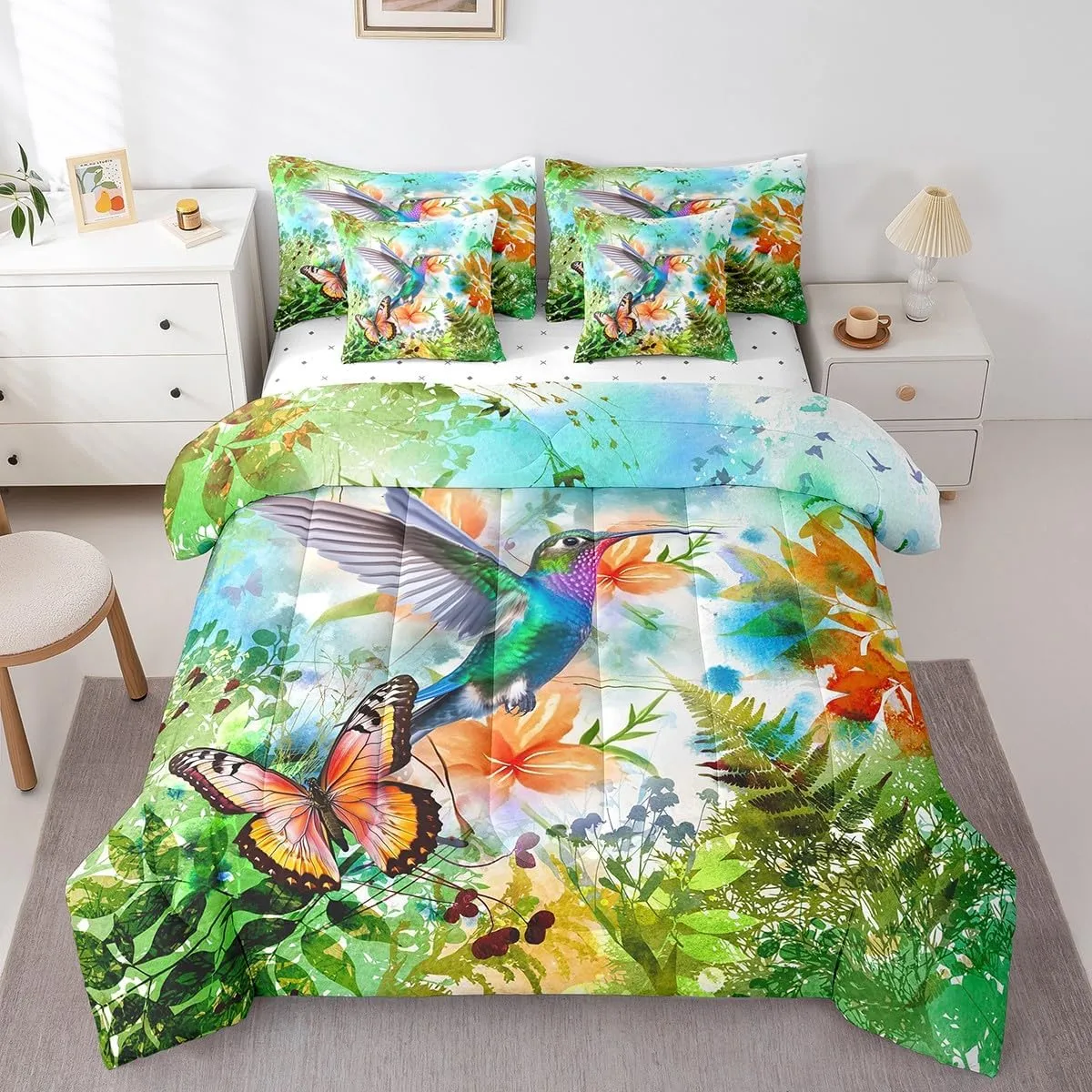 Erosebridal Hummingbird Bedding Set Queen 7 Piece,Tropical Bird Botanical Comforter Set with Sheets Watercolor Butterfly Flower Bed in A Bag with Pillow Cases and Covers,Reversible