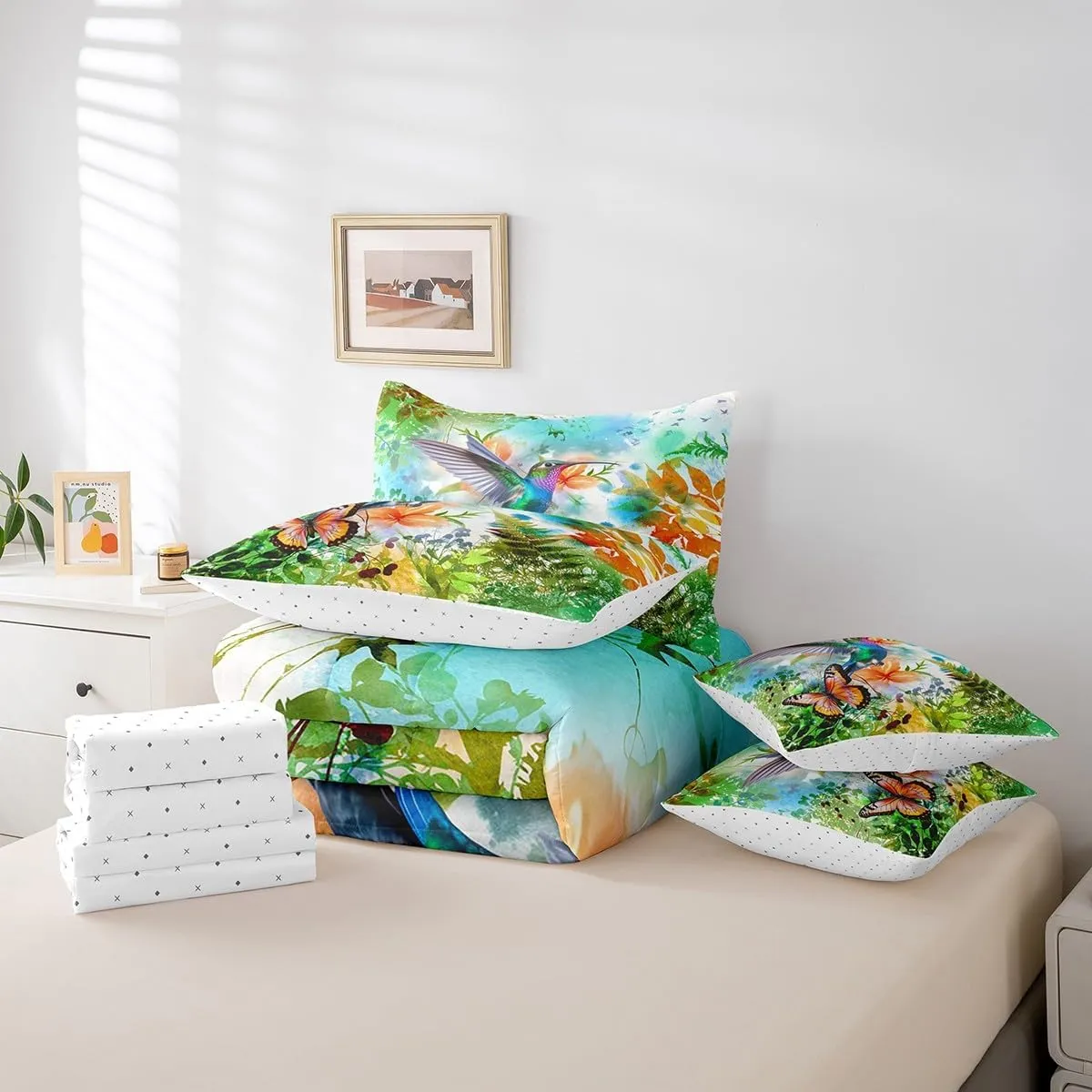 Erosebridal Hummingbird Bedding Set Queen 7 Piece,Tropical Bird Botanical Comforter Set with Sheets Watercolor Butterfly Flower Bed in A Bag with Pillow Cases and Covers,Reversible