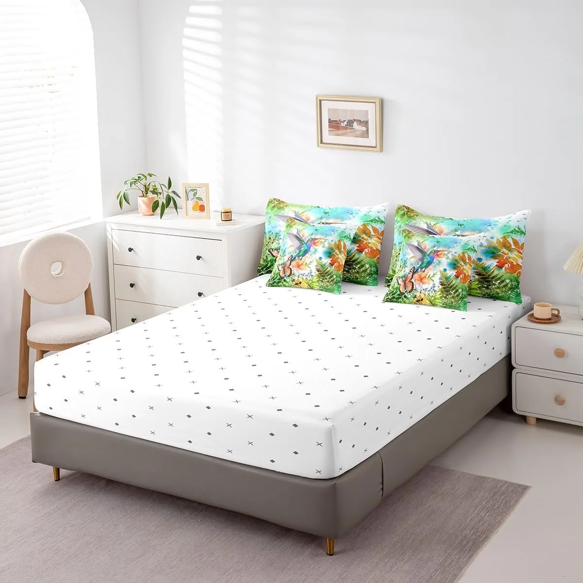 Erosebridal Hummingbird Bedding Set Queen 7 Piece,Tropical Bird Botanical Comforter Set with Sheets Watercolor Butterfly Flower Bed in A Bag with Pillow Cases and Covers,Reversible