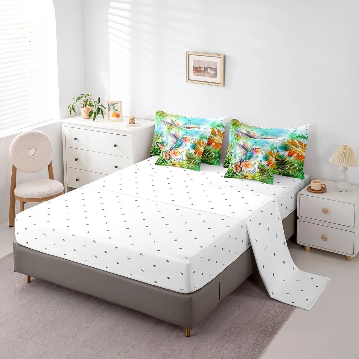 Erosebridal Hummingbird Bedding Set Queen 7 Piece,Tropical Bird Botanical Comforter Set with Sheets Watercolor Butterfly Flower Bed in A Bag with Pillow Cases and Covers,Reversible