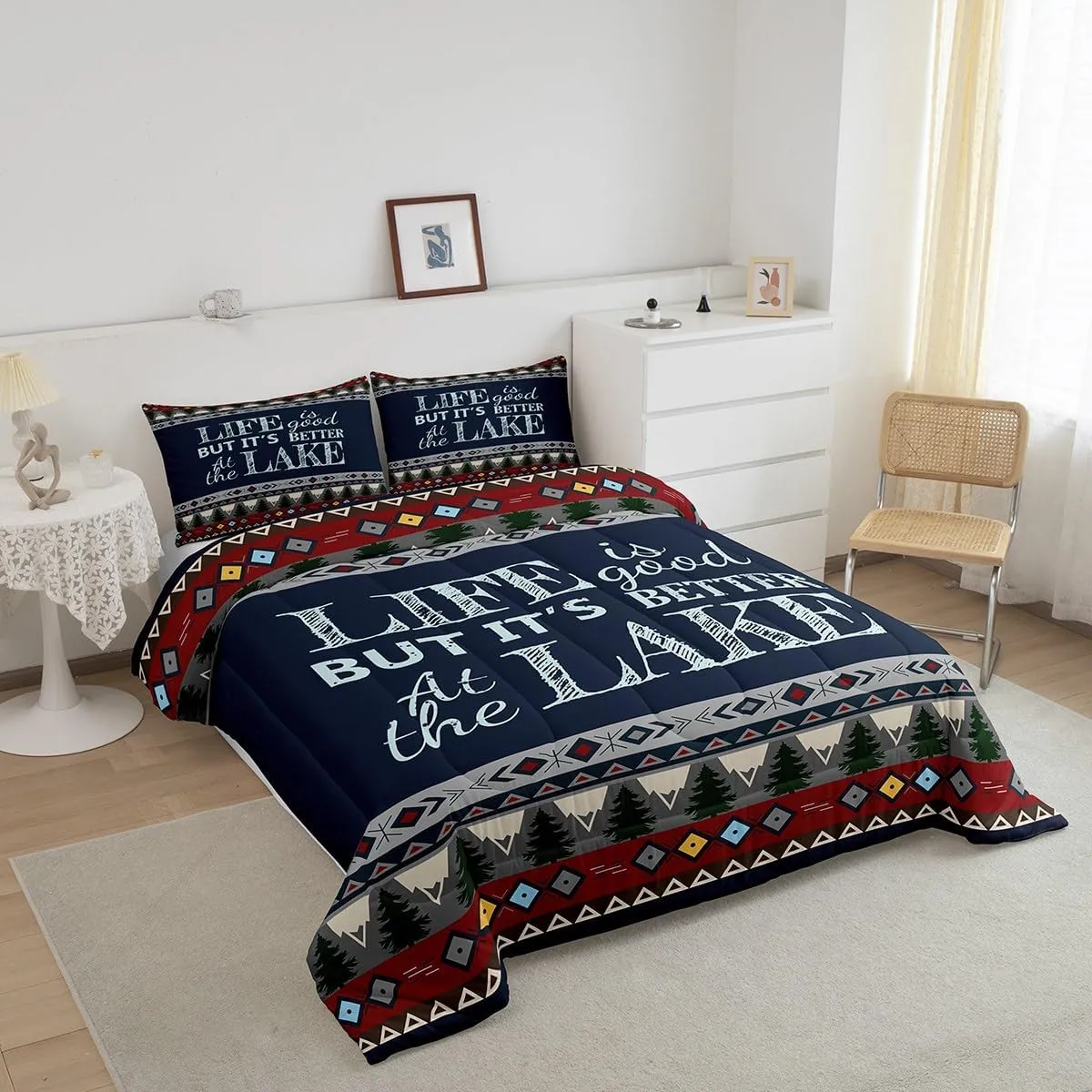 Erosebridal Lake Comforter Set for Kids Teens Youth,Lake House Western Aztec Bedding Full,Southwest Woodland Tree Bedding Comforter Sets,Retro Farmhouse Tribal Duvet Insert with 2 Pillowcases