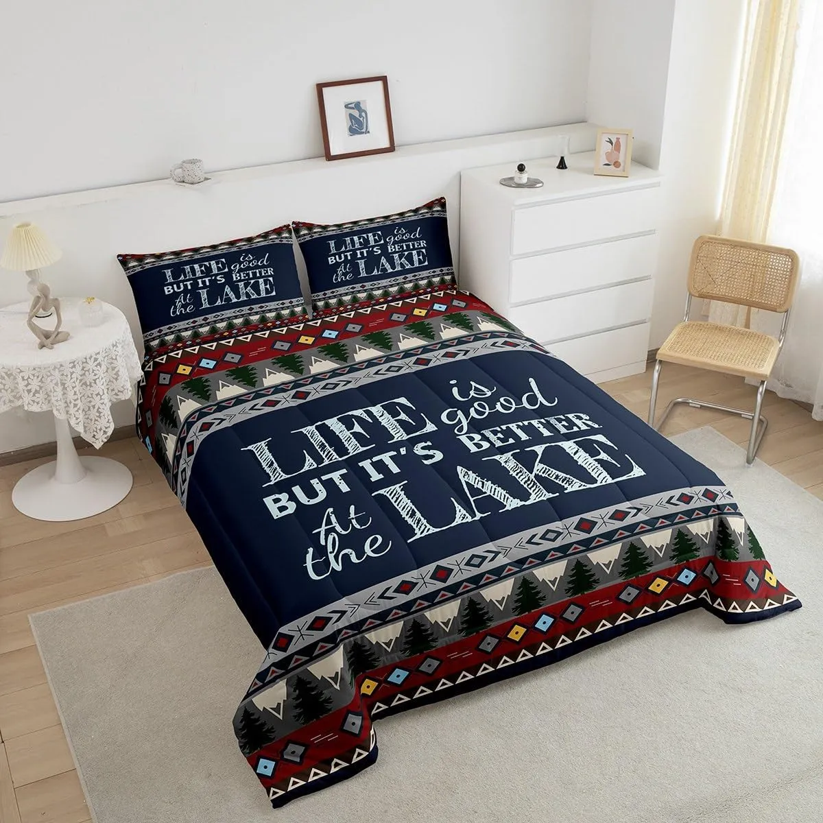 Erosebridal Lake Comforter Set for Kids Teens Youth,Lake House Western Aztec Bedding Full,Southwest Woodland Tree Bedding Comforter Sets,Retro Farmhouse Tribal Duvet Insert with 2 Pillowcases