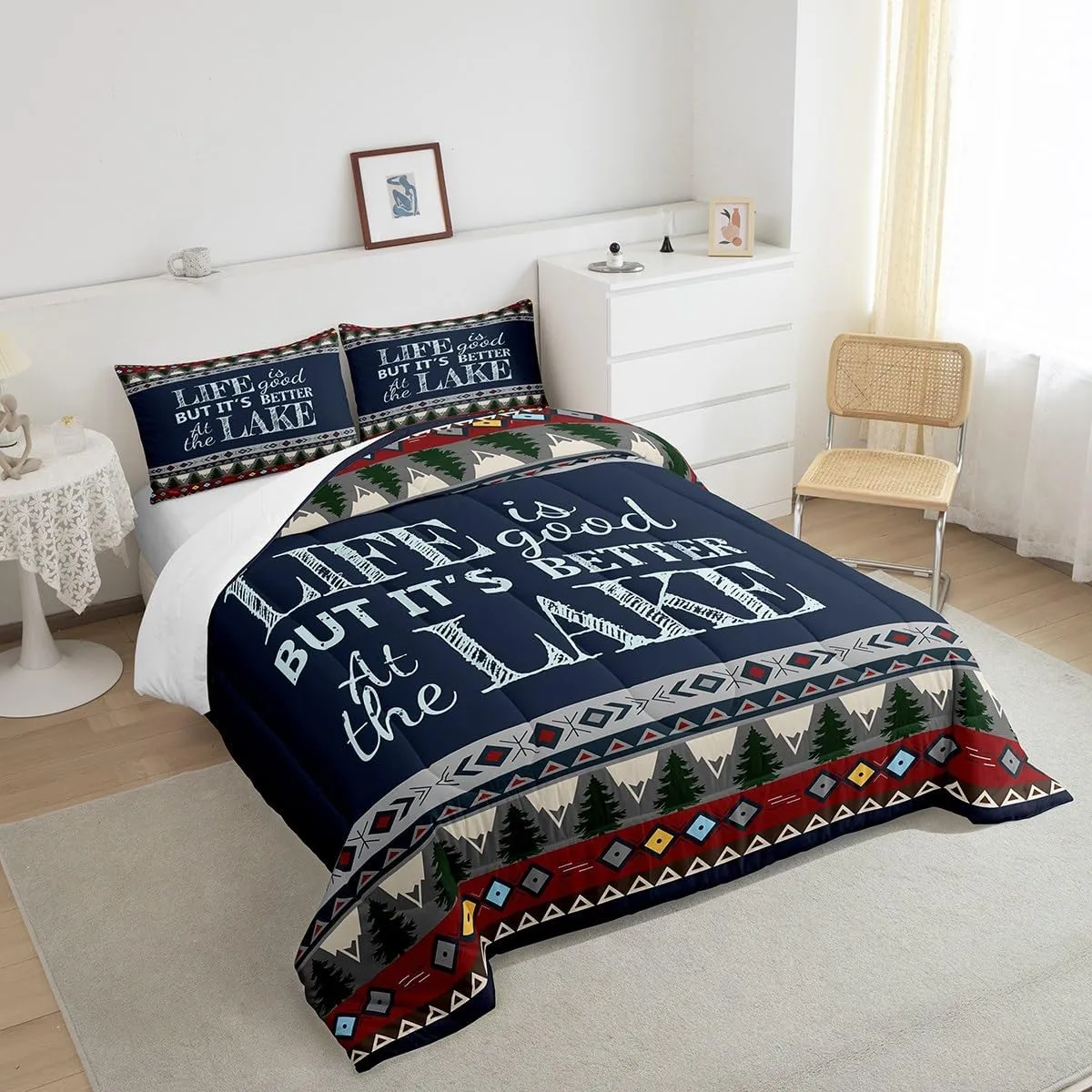 Erosebridal Lake Comforter Set for Kids Teens Youth,Lake House Western Aztec Bedding Full,Southwest Woodland Tree Bedding Comforter Sets,Retro Farmhouse Tribal Duvet Insert with 2 Pillowcases