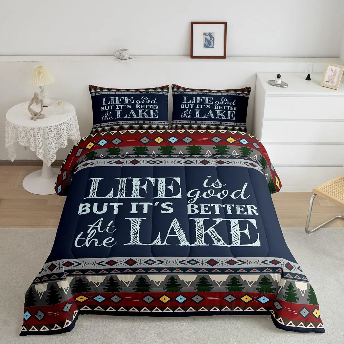 Erosebridal Lake Comforter Set for Kids Teens Youth,Lake House Western Aztec Bedding Full,Southwest Woodland Tree Bedding Comforter Sets,Retro Farmhouse Tribal Duvet Insert with 2 Pillowcases