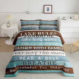 Erosebridal Lake Rules Comforter Set Full Size,Lake House Themed Bedding for Kids Boys Girls,Retro Wooden Barn Door Bedding Comforter Sets,Lake Cabin Lodge Decor Duvet Insert with 2 Pillowcases