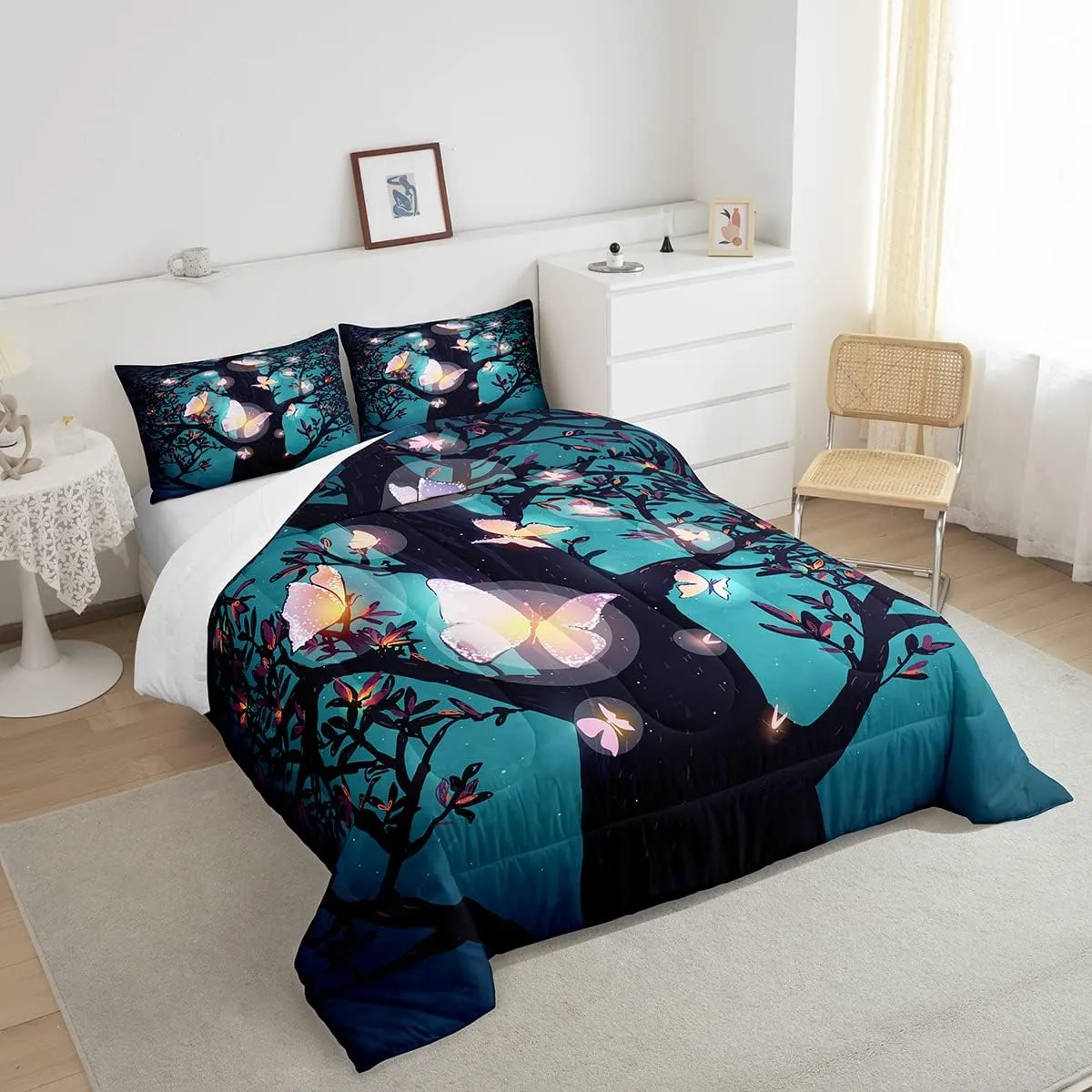 Erosebridal Magical Comforter Set King Size, Pink Butterflies Bedding Set, Fairy Tree Leaves Branches Nature Duvet Set, Cute Style Down Comforter, Halloween Botanical Plants Quilted Duvet 3 Pieces