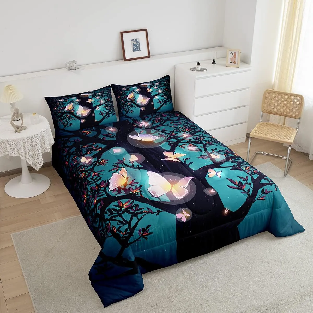 Erosebridal Magical Comforter Set King Size, Pink Butterflies Bedding Set, Fairy Tree Leaves Branches Nature Duvet Set, Cute Style Down Comforter, Halloween Botanical Plants Quilted Duvet 3 Pieces