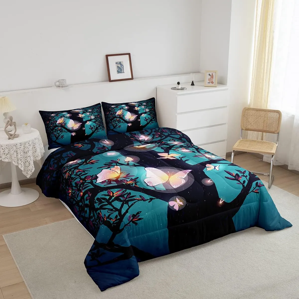 Erosebridal Magical Comforter Set King Size, Pink Butterflies Bedding Set, Fairy Tree Leaves Branches Nature Duvet Set, Cute Style Down Comforter, Halloween Botanical Plants Quilted Duvet 3 Pieces