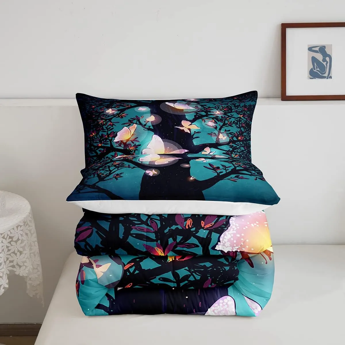 Erosebridal Magical Comforter Set King Size, Pink Butterflies Bedding Set, Fairy Tree Leaves Branches Nature Duvet Set, Cute Style Down Comforter, Halloween Botanical Plants Quilted Duvet 3 Pieces