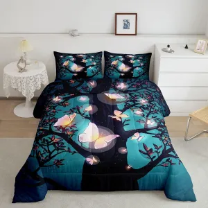 Erosebridal Magical Comforter Set King Size, Pink Butterflies Bedding Set, Fairy Tree Leaves Branches Nature Duvet Set, Cute Style Down Comforter, Halloween Botanical Plants Quilted Duvet 3 Pieces