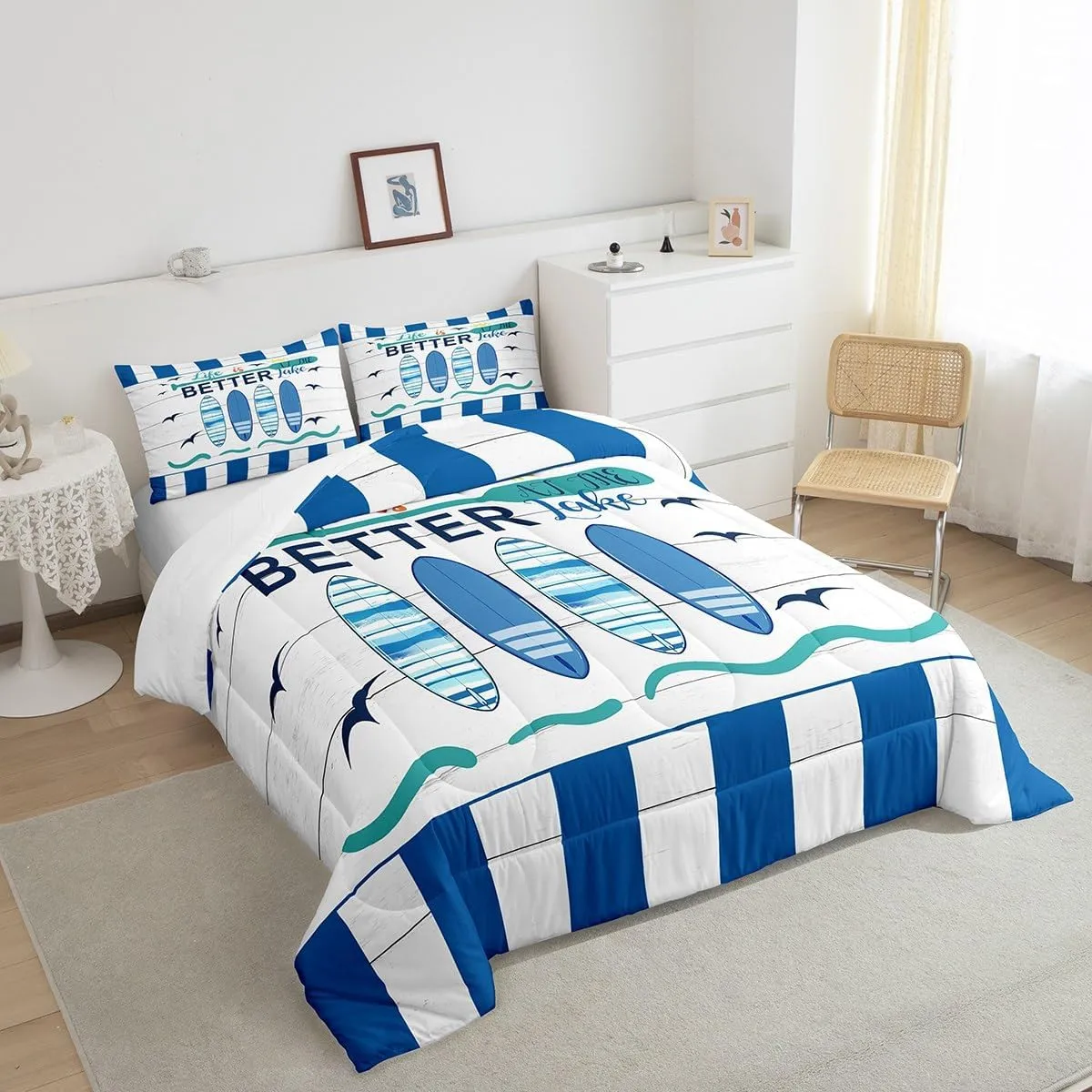 Erosebridal Nautical Comforter Set for Kids Boys Girls,Blue White Ocean Bedding Full,Hawaii Surfboard Bedding Comforter Sets,Rustic Lake House Paddle Duvet Insert with 2 Pillowcases Camper Gift