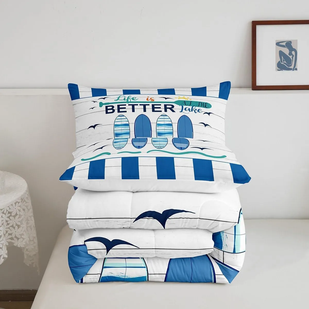 Erosebridal Nautical Comforter Set for Kids Boys Girls,Blue White Ocean Bedding Full,Hawaii Surfboard Bedding Comforter Sets,Rustic Lake House Paddle Duvet Insert with 2 Pillowcases Camper Gift