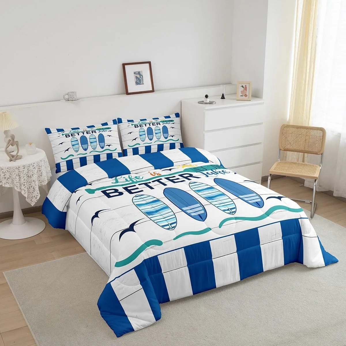 Erosebridal Nautical Comforter Set for Kids Boys Girls,Blue White Ocean Bedding Full,Hawaii Surfboard Bedding Comforter Sets,Rustic Lake House Paddle Duvet Insert with 2 Pillowcases Camper Gift