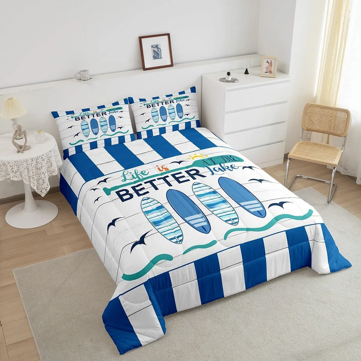 Erosebridal Nautical Comforter Set for Kids Boys Girls,Blue White Ocean Bedding Full,Hawaii Surfboard Bedding Comforter Sets,Rustic Lake House Paddle Duvet Insert with 2 Pillowcases Camper Gift