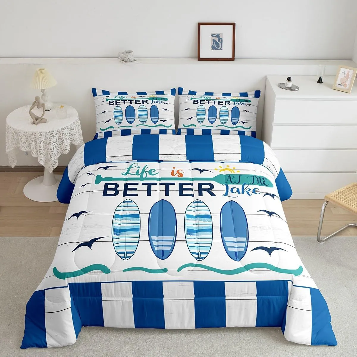 Erosebridal Nautical Comforter Set for Kids Boys Girls,Blue White Ocean Bedding Full,Hawaii Surfboard Bedding Comforter Sets,Rustic Lake House Paddle Duvet Insert with 2 Pillowcases Camper Gift