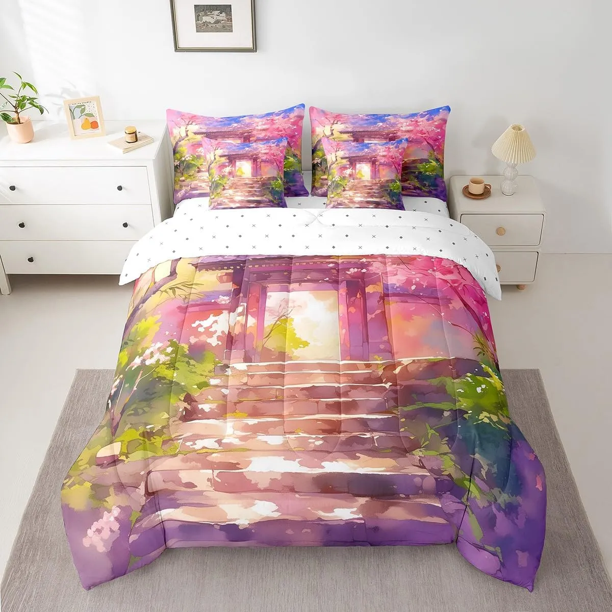 Erosebridal Pink Cherry Blossom Queen Comforter Set with Sheets,Japanese Style Bedding Set 7 Piece for Kids Adults,Tokyo Oriental Bed Set Aesthetic Flowers Bed in a Bag with Pillow Cases & Covers