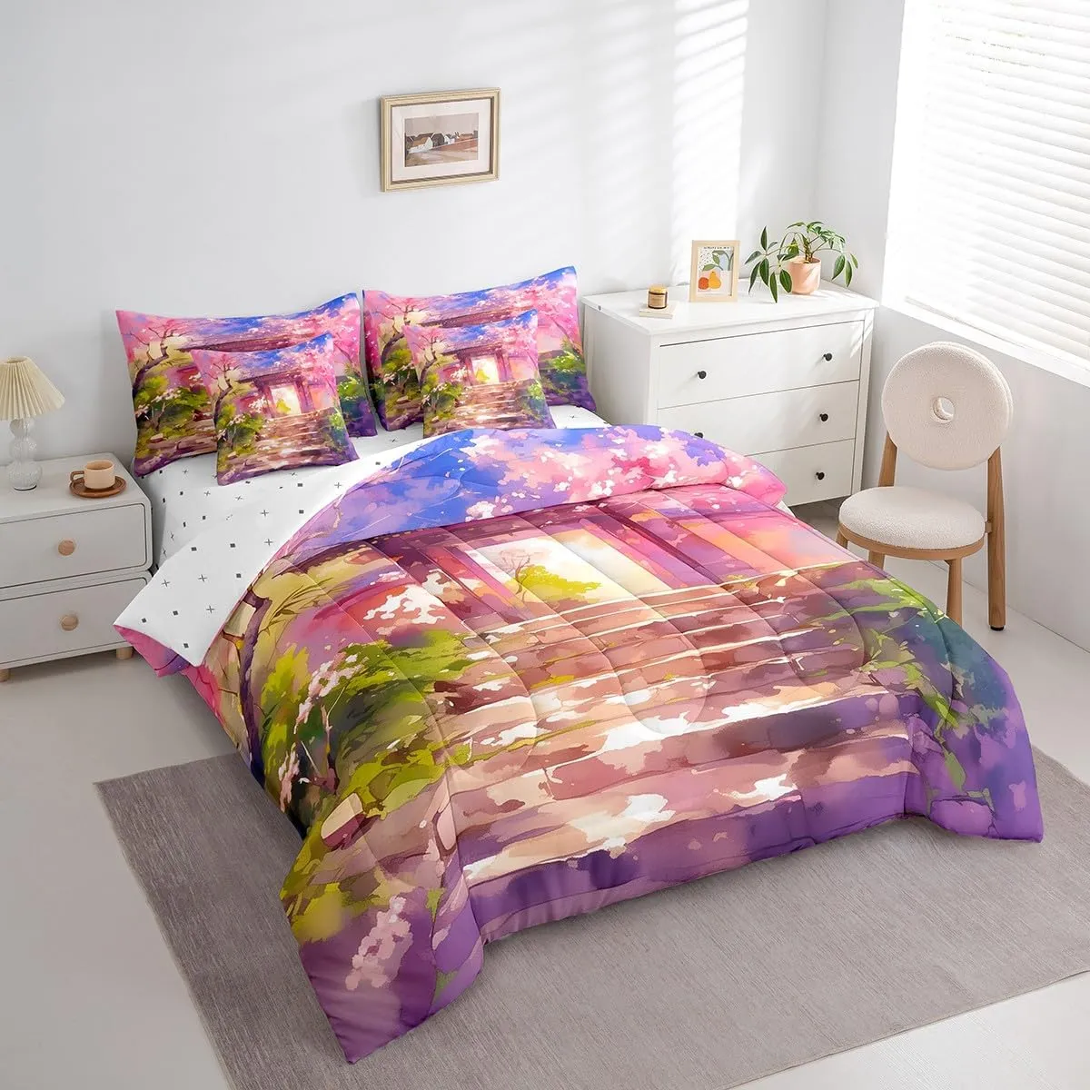 Erosebridal Pink Cherry Blossom Queen Comforter Set with Sheets,Japanese Style Bedding Set 7 Piece for Kids Adults,Tokyo Oriental Bed Set Aesthetic Flowers Bed in a Bag with Pillow Cases & Covers