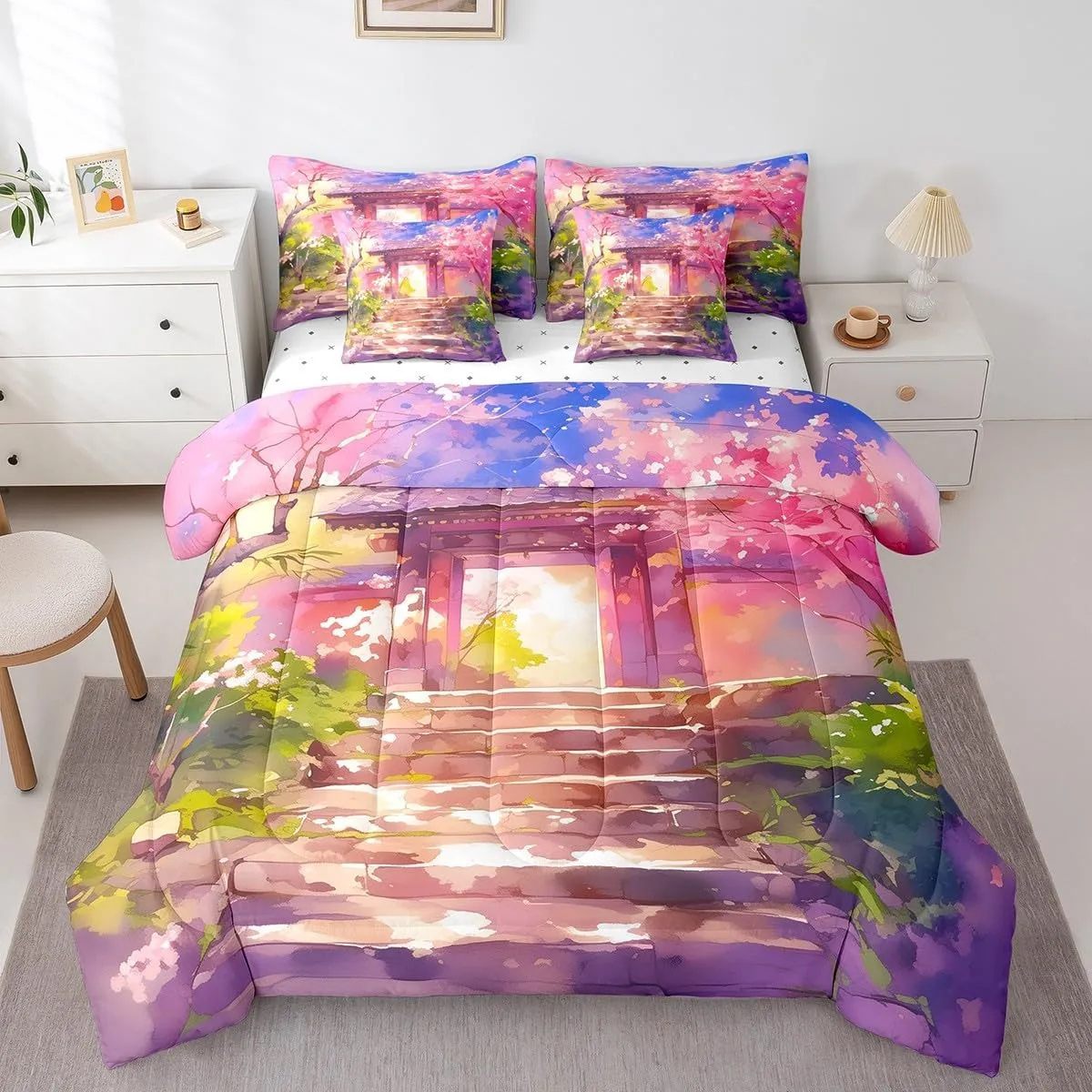 Erosebridal Pink Cherry Blossom Queen Comforter Set with Sheets,Japanese Style Bedding Set 7 Piece for Kids Adults,Tokyo Oriental Bed Set Aesthetic Flowers Bed in a Bag with Pillow Cases & Covers