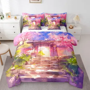 Erosebridal Pink Cherry Blossom Queen Comforter Set with Sheets,Japanese Style Bedding Set 7 Piece for Kids Adults,Tokyo Oriental Bed Set Aesthetic Flowers Bed in a Bag with Pillow Cases & Covers