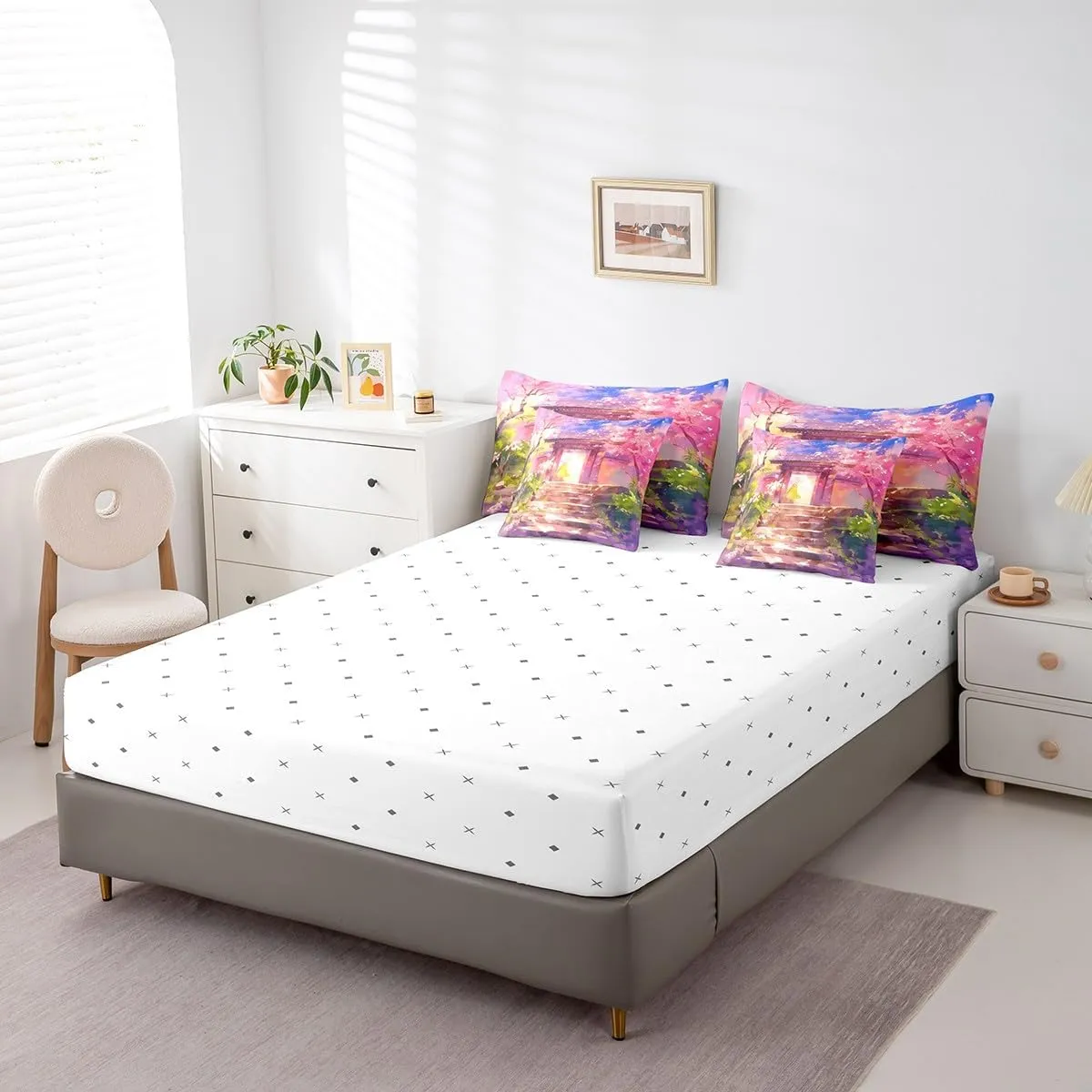 Erosebridal Pink Cherry Blossom Queen Comforter Set with Sheets,Japanese Style Bedding Set 7 Piece for Kids Adults,Tokyo Oriental Bed Set Aesthetic Flowers Bed in a Bag with Pillow Cases & Covers