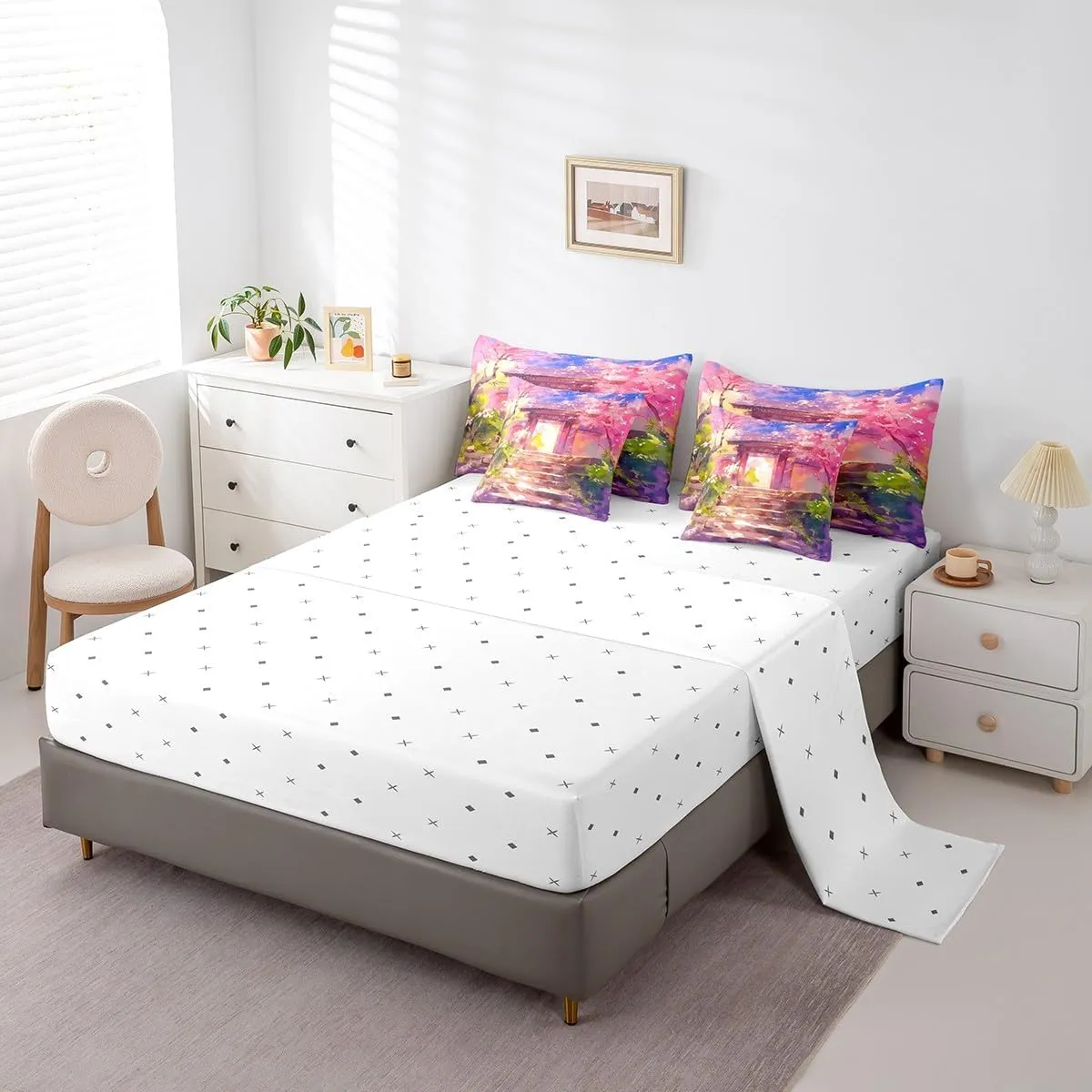 Erosebridal Pink Cherry Blossom Queen Comforter Set with Sheets,Japanese Style Bedding Set 7 Piece for Kids Adults,Tokyo Oriental Bed Set Aesthetic Flowers Bed in a Bag with Pillow Cases & Covers